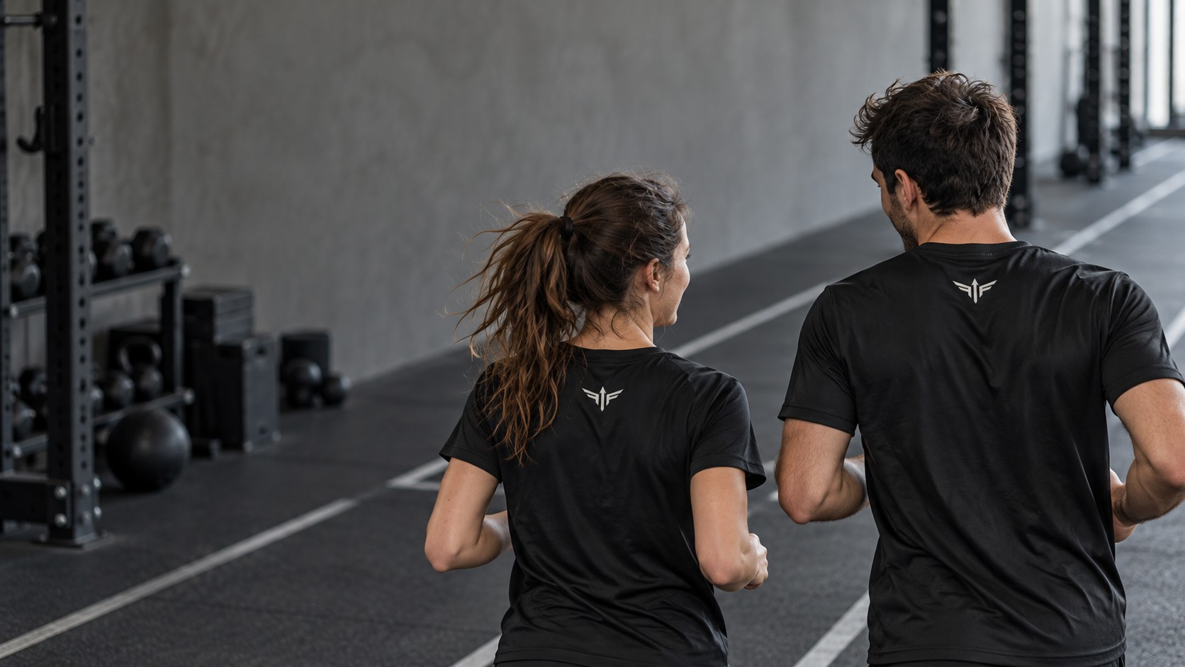 Two training partners warming up together, seen from behind and framed from head to waist in black Risenform shirts