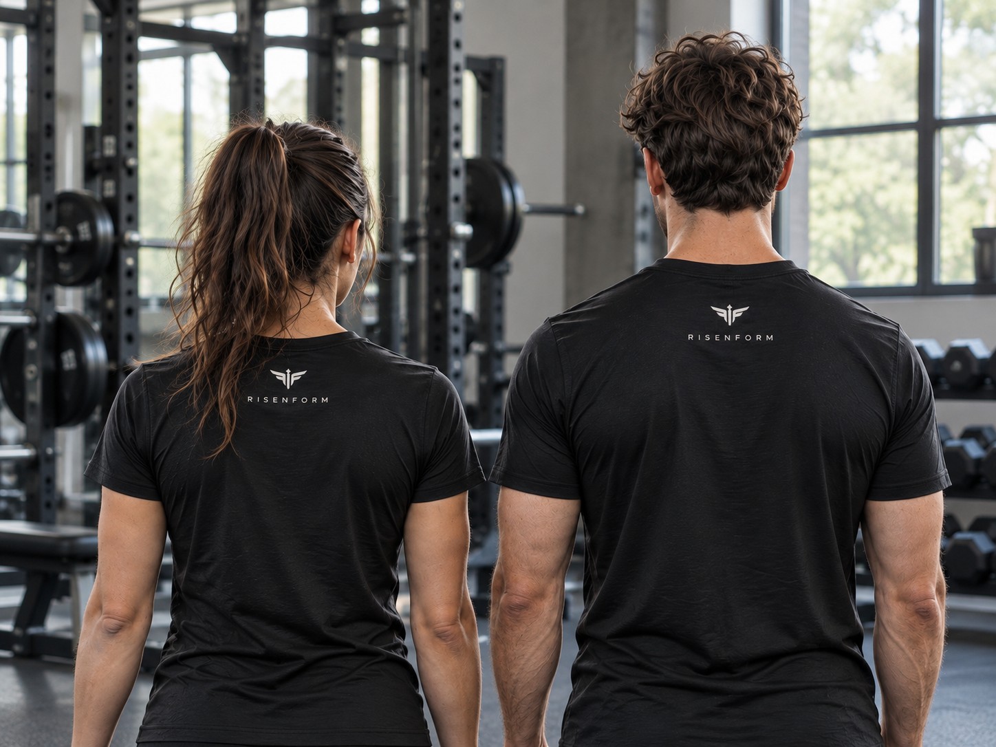 A woman and man viewed from behind, framed from the head to the waist, wearing black Risenform training shirts with visible back logos